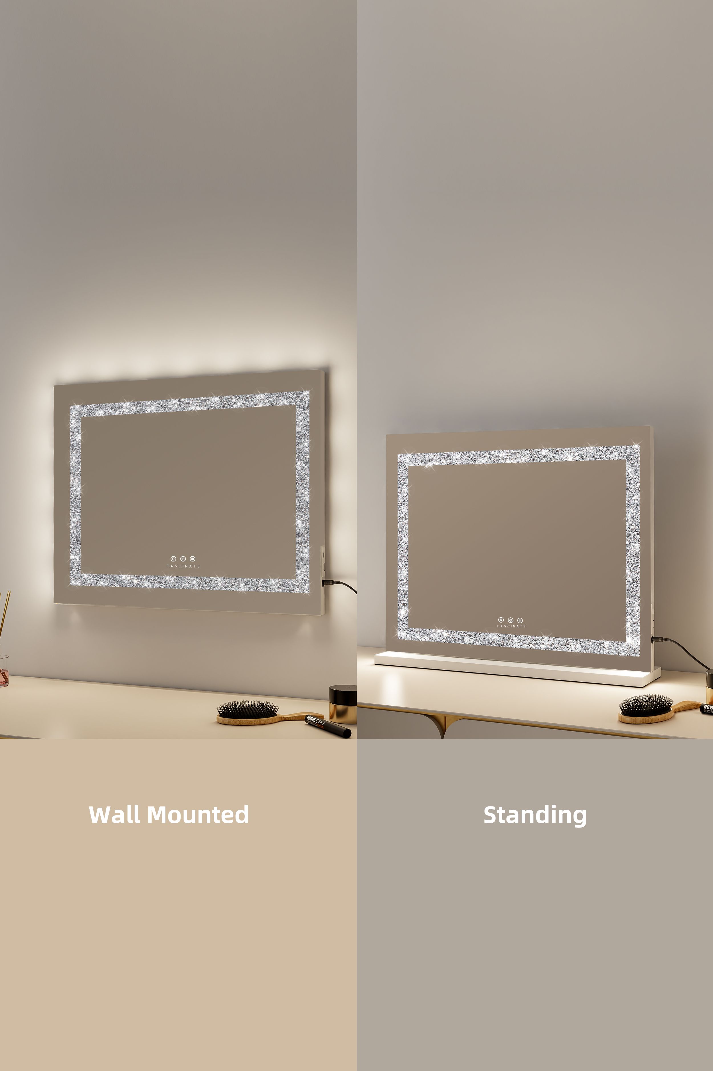 Fascinate Hollywood Vanity Makeup Mirror Crushed Diamonds Dimmable LED Large 58x48cm