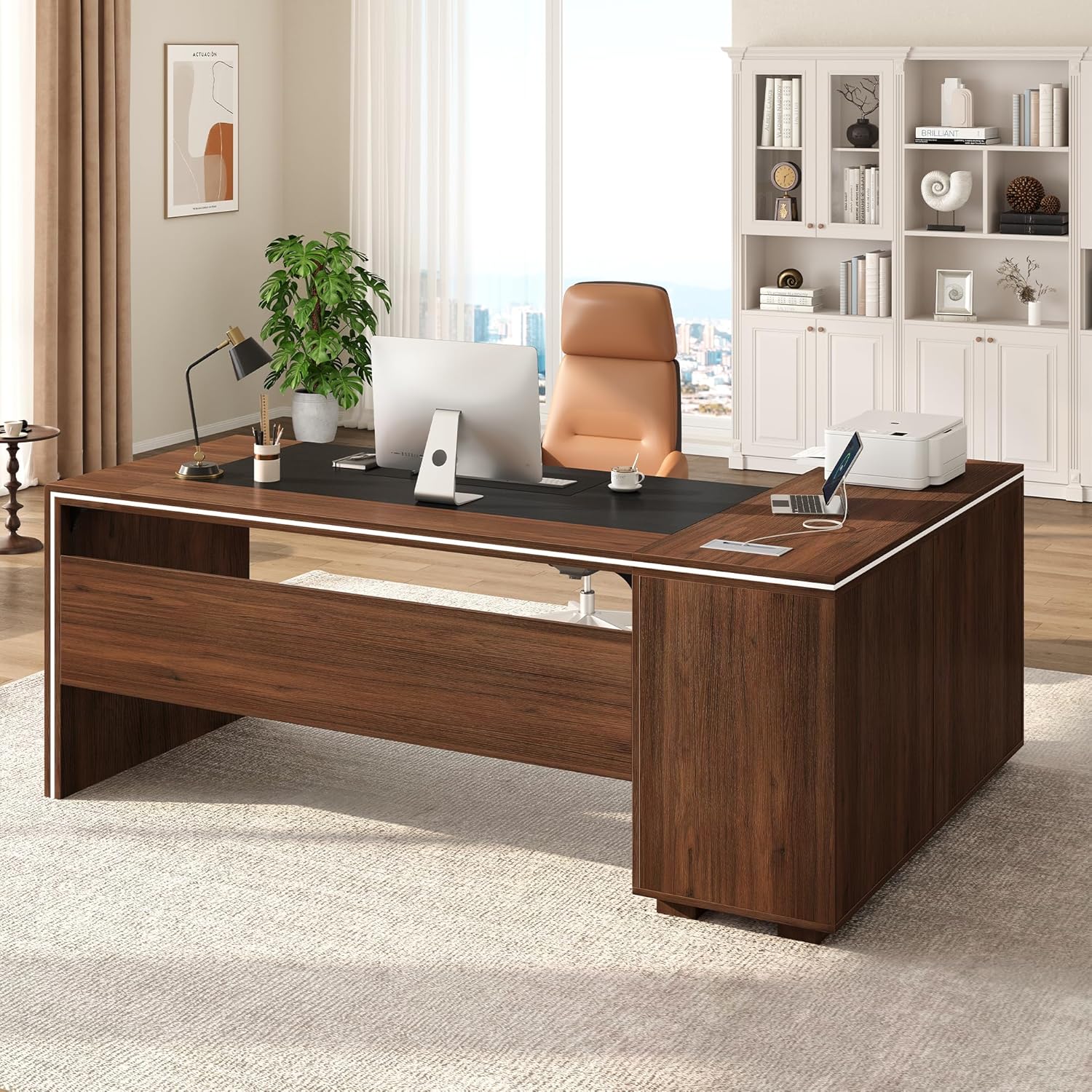 71 L-Shaped Executive Desk with Cabinet Storage, Large Office Computer Desk with Storage Shelves, Under-Desk Bookshelf, CPU Stand, Cable Management, Business Furniture Workstation (Brown)