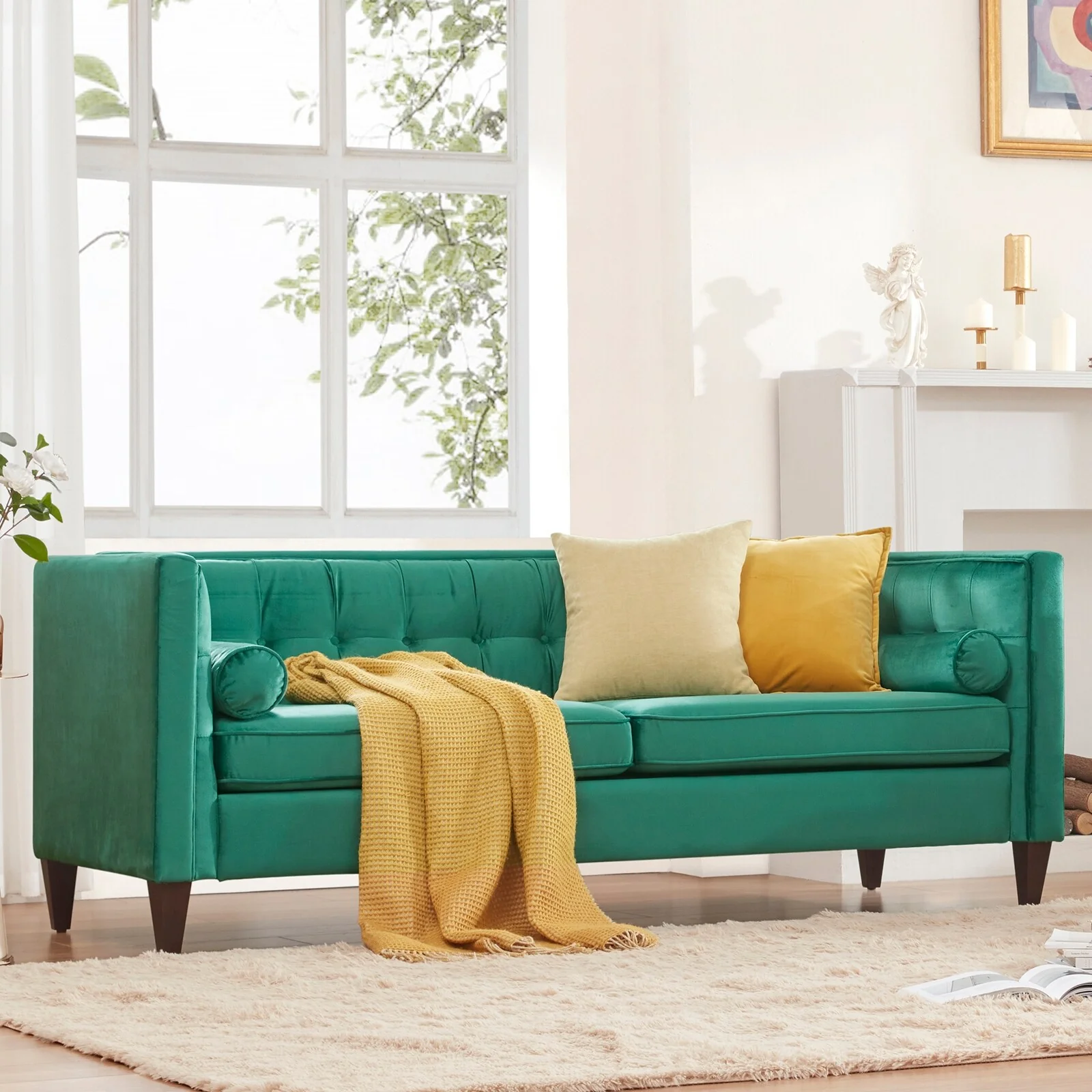 Green 78'' Velvet 3 Seater Sofa Couch with Button Tufting, Wooden Legs, and Bolster Pillows, Tool-Free Assembly Couch