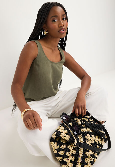 Womens Khaki Linen Blend Shell Top