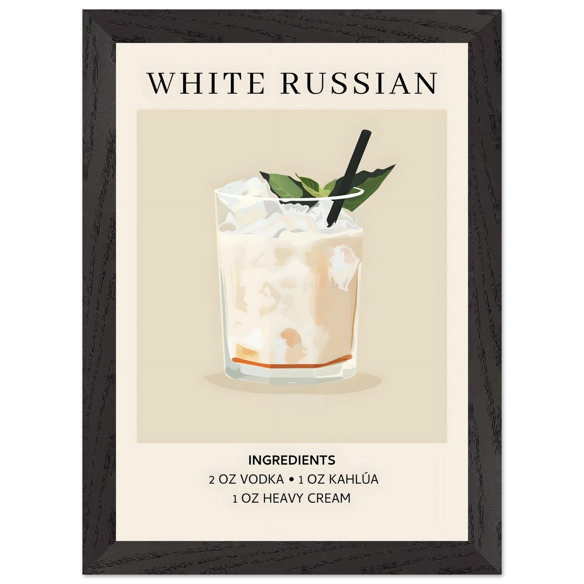 Artfulprints Poster met Lijst White Russian cocktail - Ingrediënten  - A4 21x29.7 cm - Wit