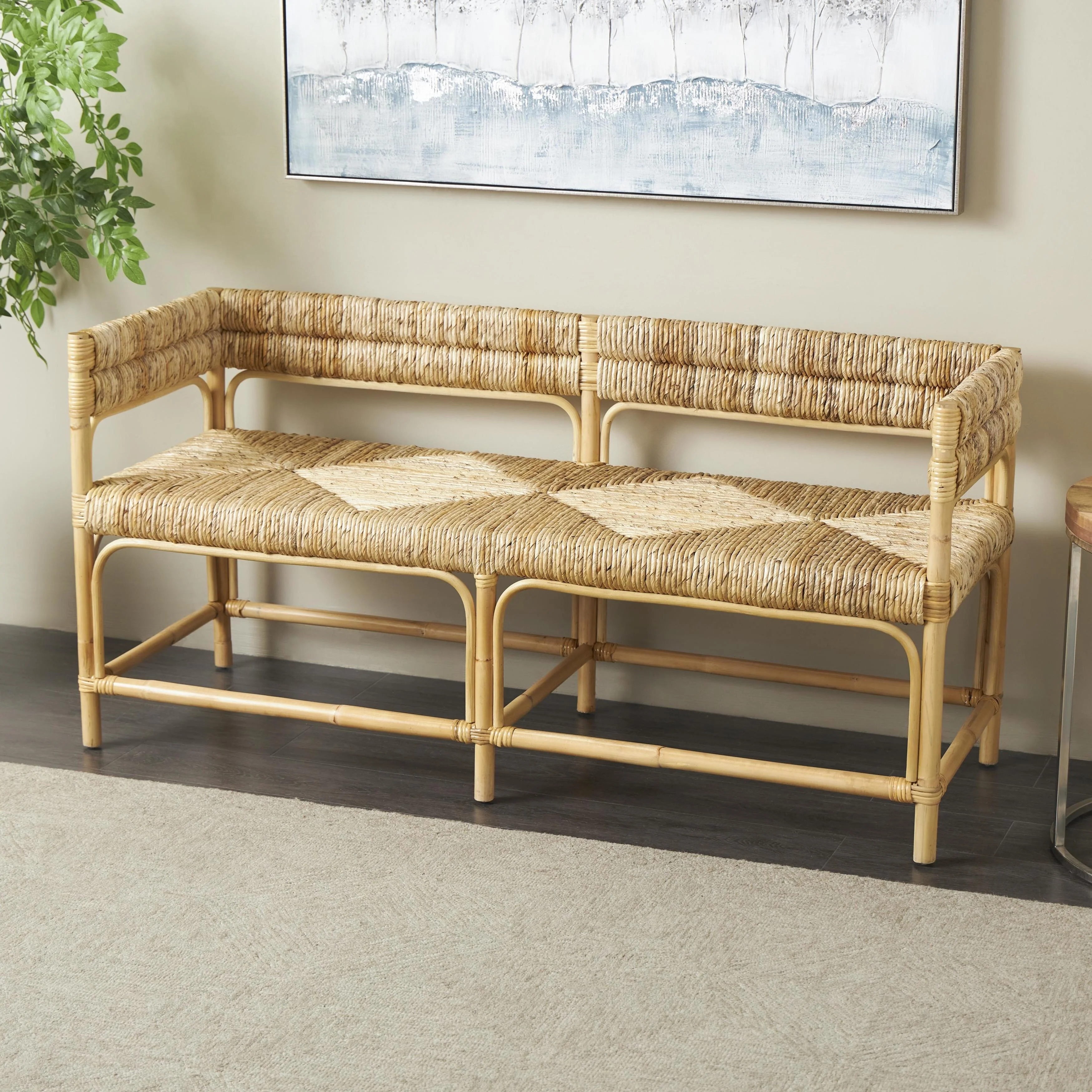 Rattan Handmade Wrapped Home Bench with Diamond Patterned Seat and Arched Panels - Light Brown - Roche River Decor