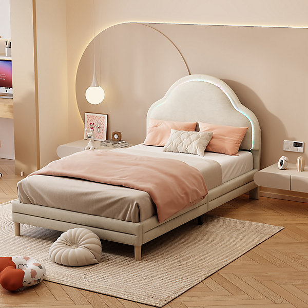 Lit enfant 90x200 cm capitonné beige avec tête nuage et LED, velours, bois et métal, sans matelas