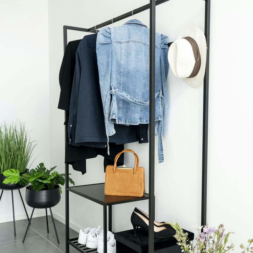 VITA - Vestiaire d'entrée en bois et métal avec 2 étagères noir