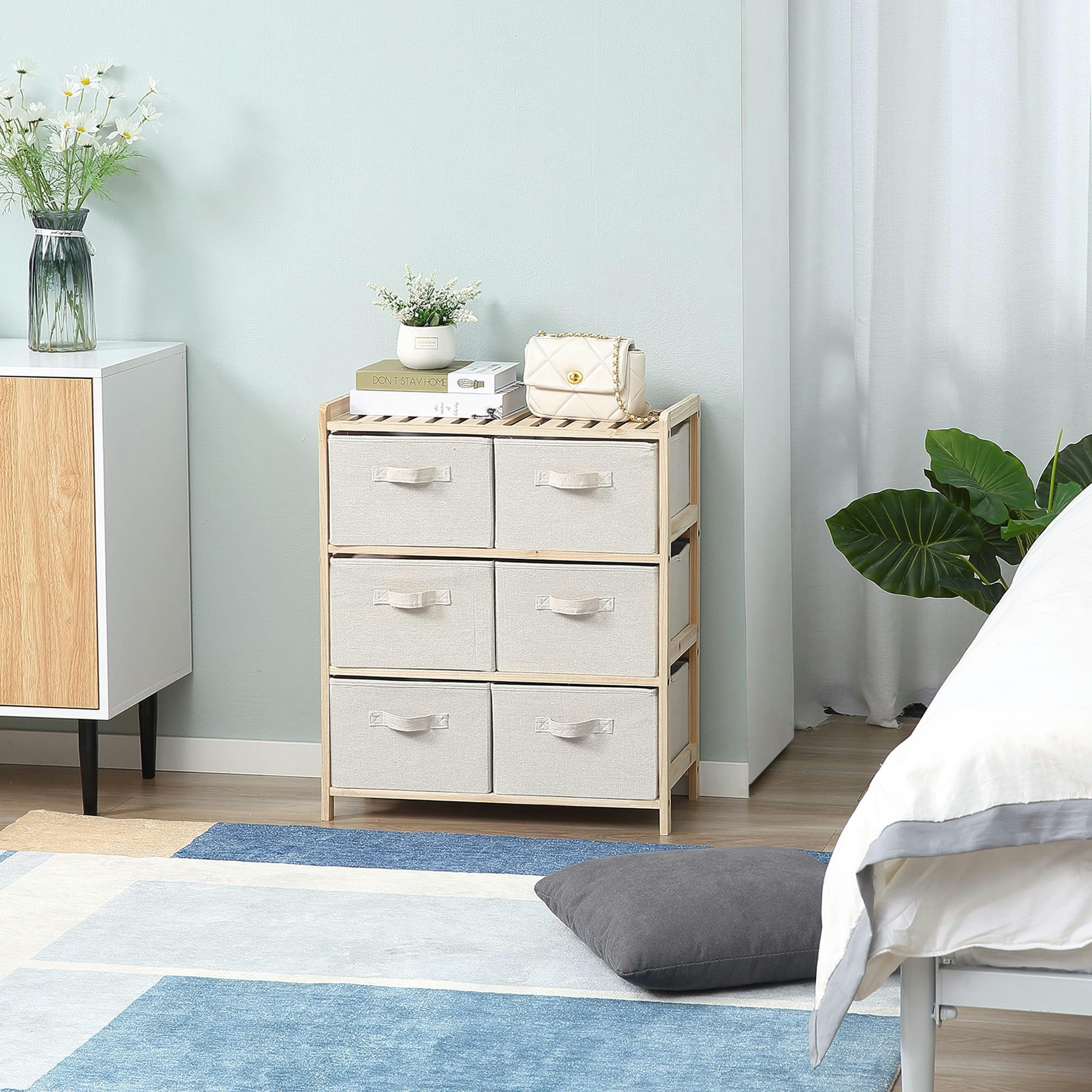 - Commode 6 tiroirs polyester beige dim. 59L x 28l x 70H cm bois sapin