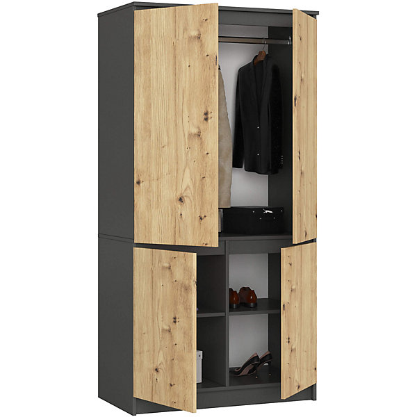 Armoire AKORD S90 Gris Graphite 90 cm 4 portes façade Chêne Artisan 4 étagères 90x51x180 cm
