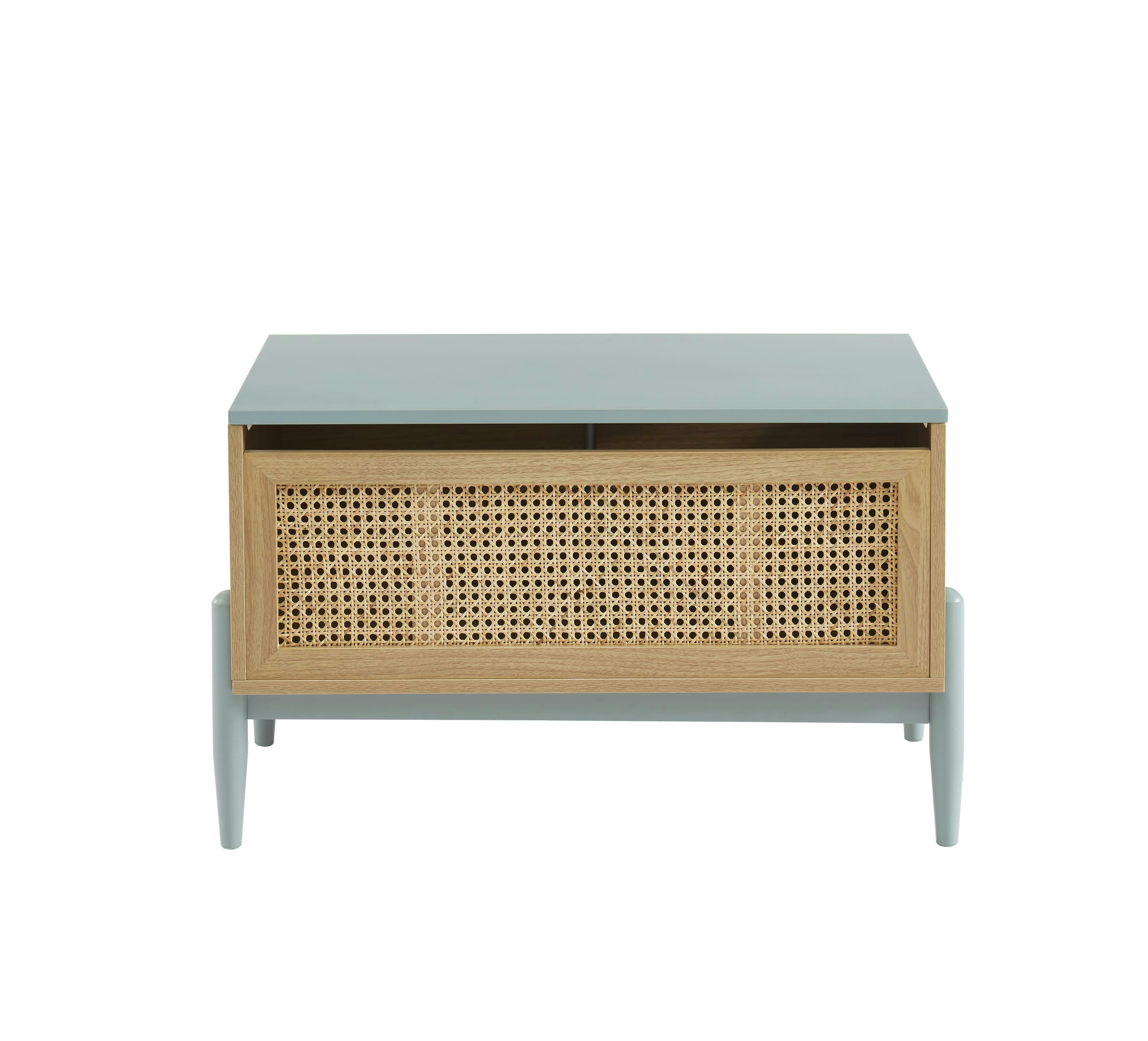 PABLO - Coffre à jouet  bleu et cannage rotin