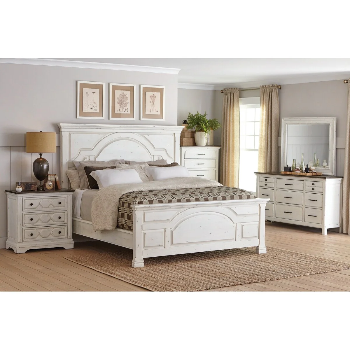 Danica Vintage White 3-piece Panel Bedroom Set with 2 Nightstands