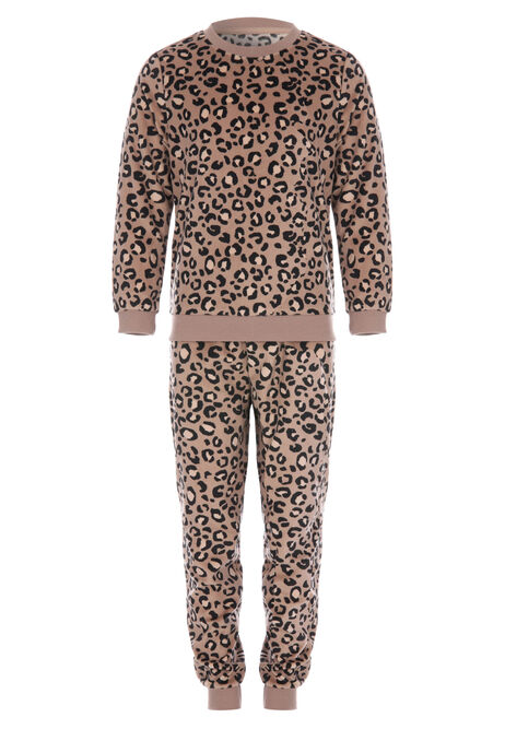 Girls Mocha Leopard Fleece Pyjama Set