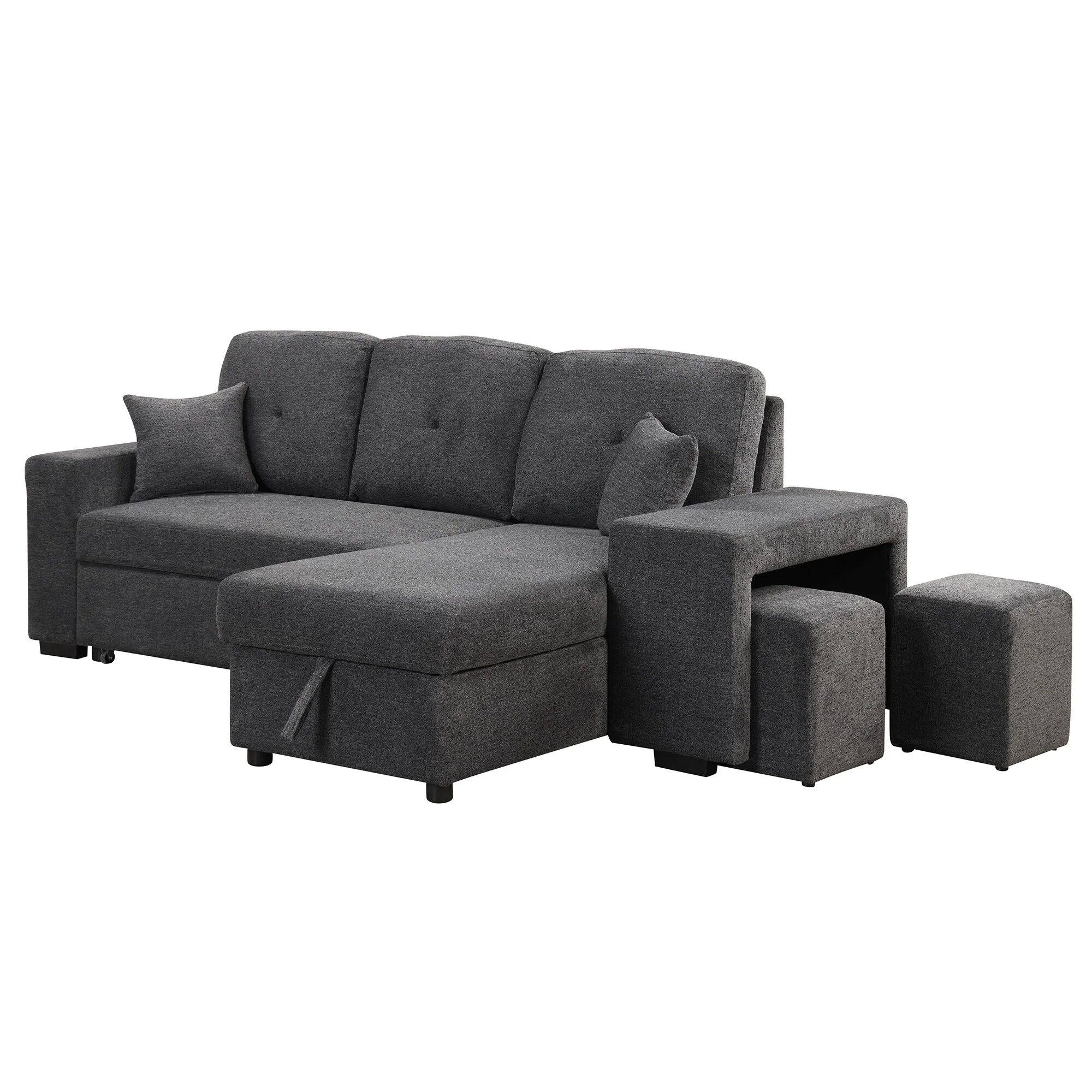 95'' Reversible L-Shaped 3-Seat Sleeper Sofa with Storage Chaise, Pull-Out Bed, and Side Shelf, Includes 2 Stools
