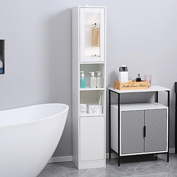 Armoire salle de bain, meuble de rangement colonne avec miroir, 2 portes, étagères réglables, 30x28x170cm, blanc