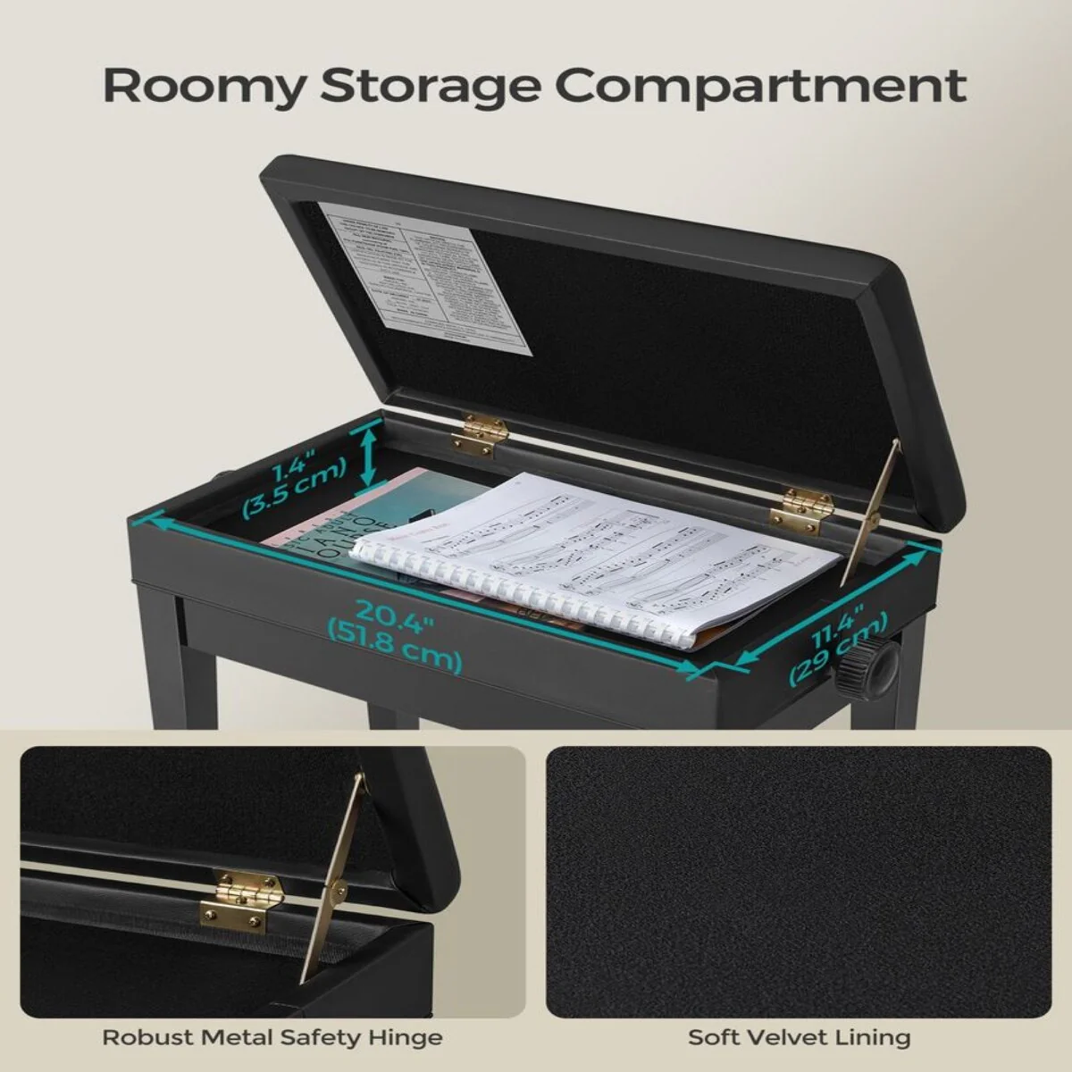 Adjustable Height Black Faux Leather Piano Bench with Storage Compartment and Solid Wood Legs - 13.2D x 21.6W x 18.5H-21.7H