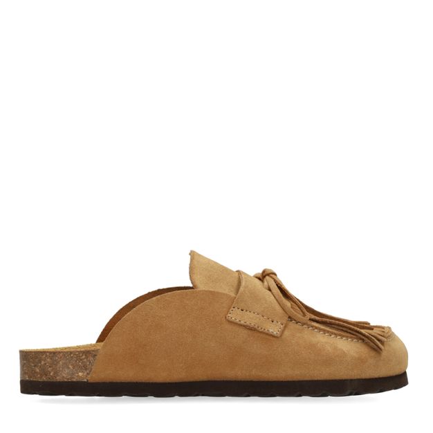 Taupe suède clogs met franjes
