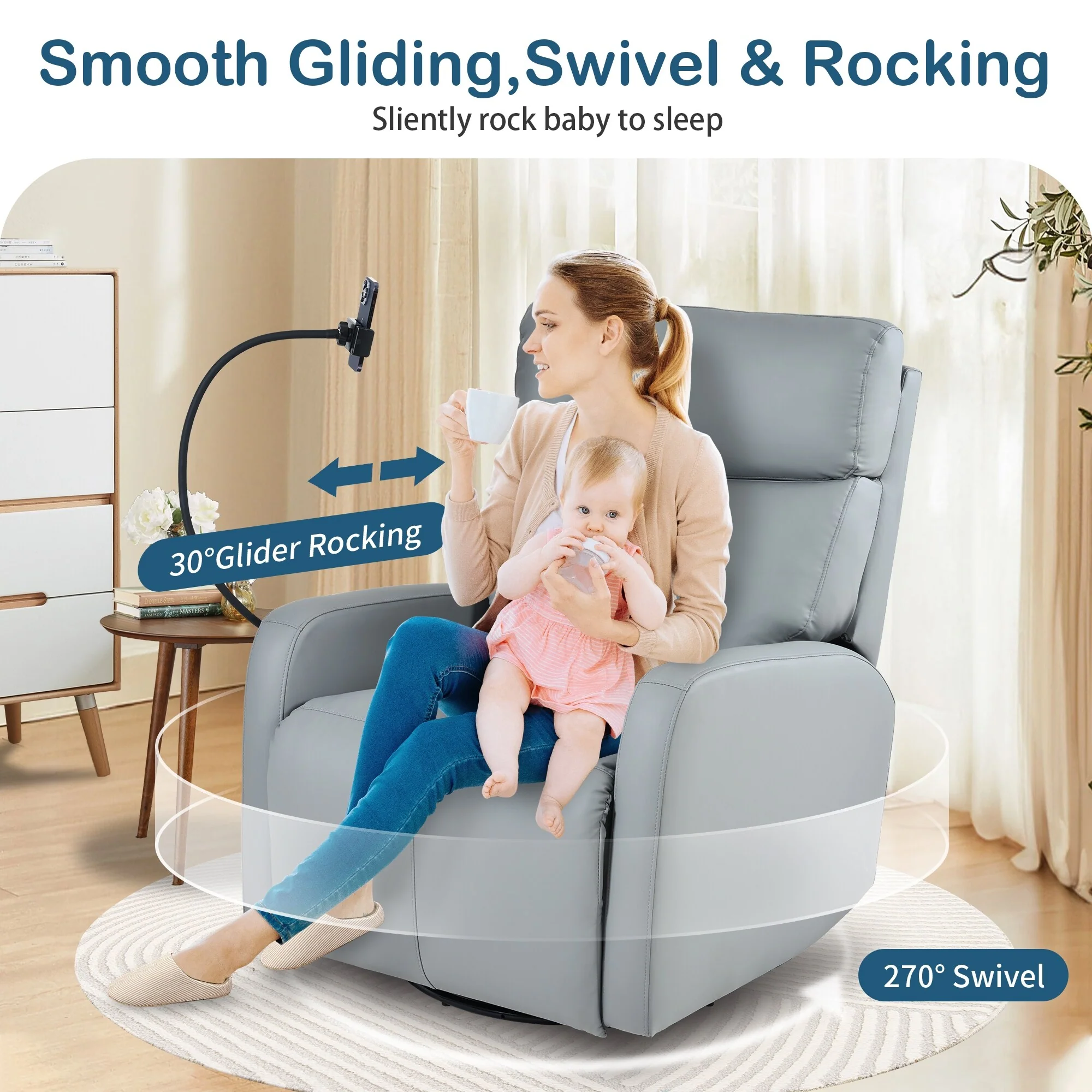 270° Power Swivel Rocker Recliner Chair - PU Leather, Electric Glider, USB Ports, Nursery Recliner for Living Room
