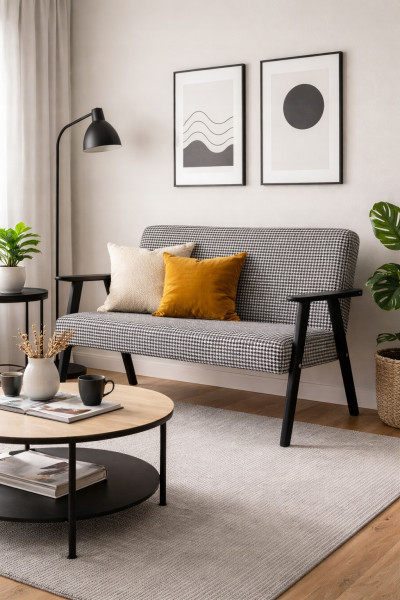 Sofa w stylu PRL retro vintage SOLER Family Meble pepitka czarno biała