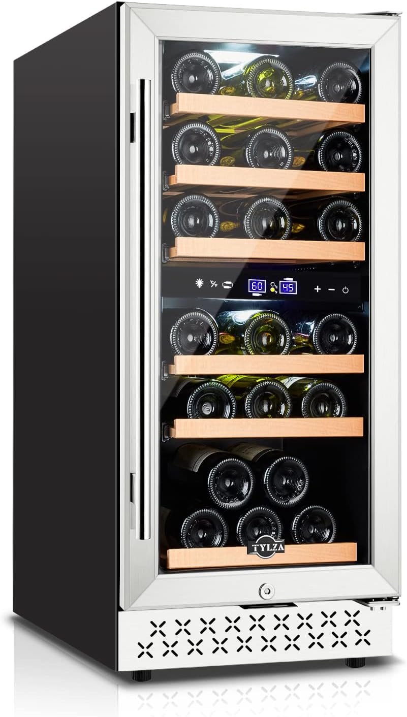 Tylza Mini Fridge 15 Inch Wine Cooler Under Counter, 30 Bottles Dual Zone Wine Fridge with Safty Lock, Wine Refrigerator Freestanding, Built-in Wine Cellars