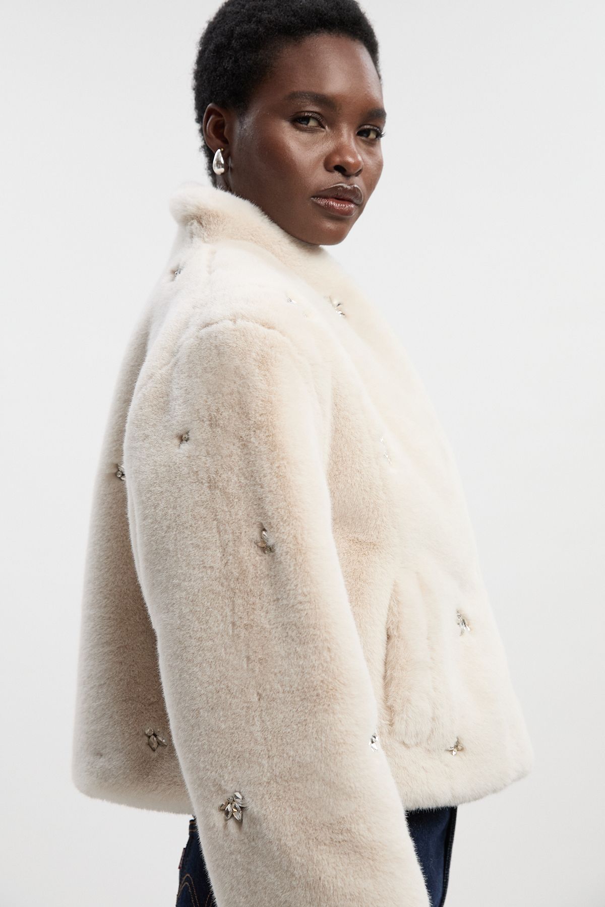 KarenMillen Crystal Embellished Faux Fur Short Coat