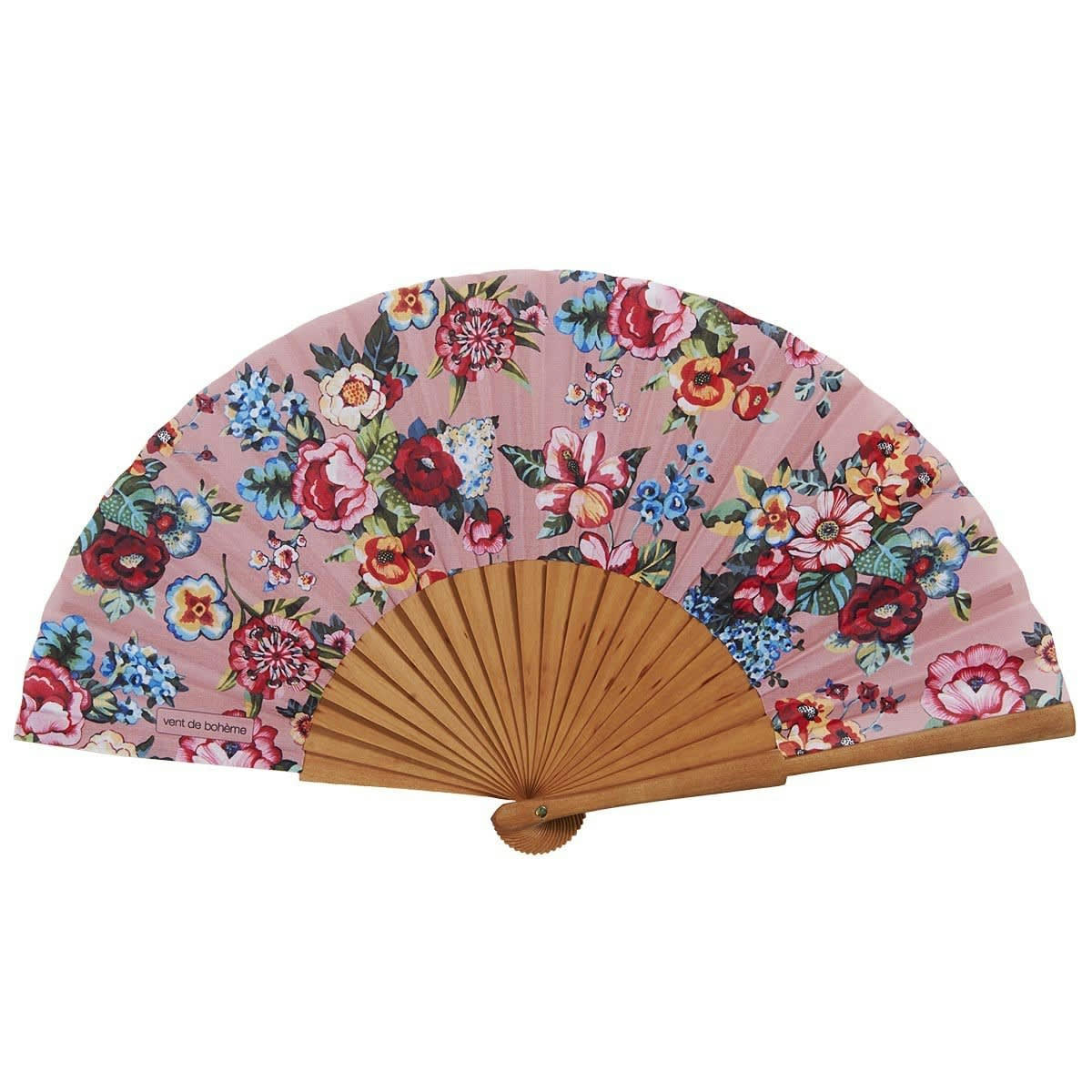 SHANTI - Éventail en bois de merisier et coton imprimé fleuri rose