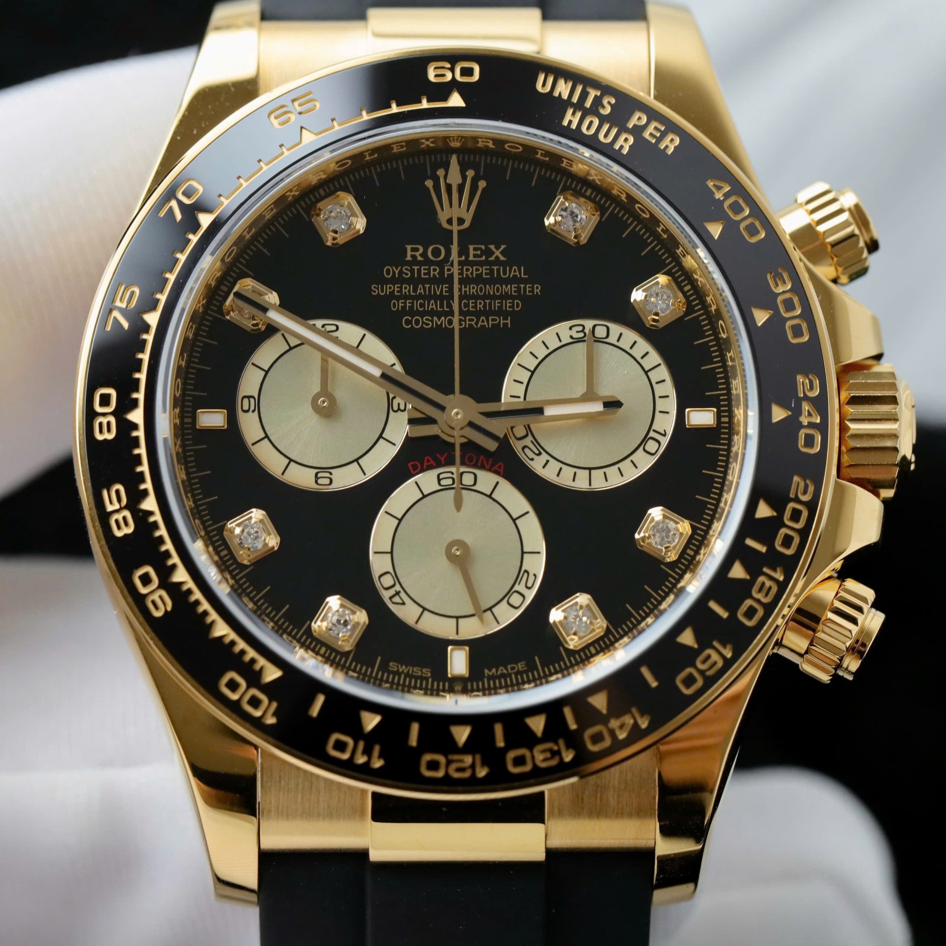 Rolex Daytona YG Plated Black Dial CZ Diamonds 40mm Oysterflex Super Clone