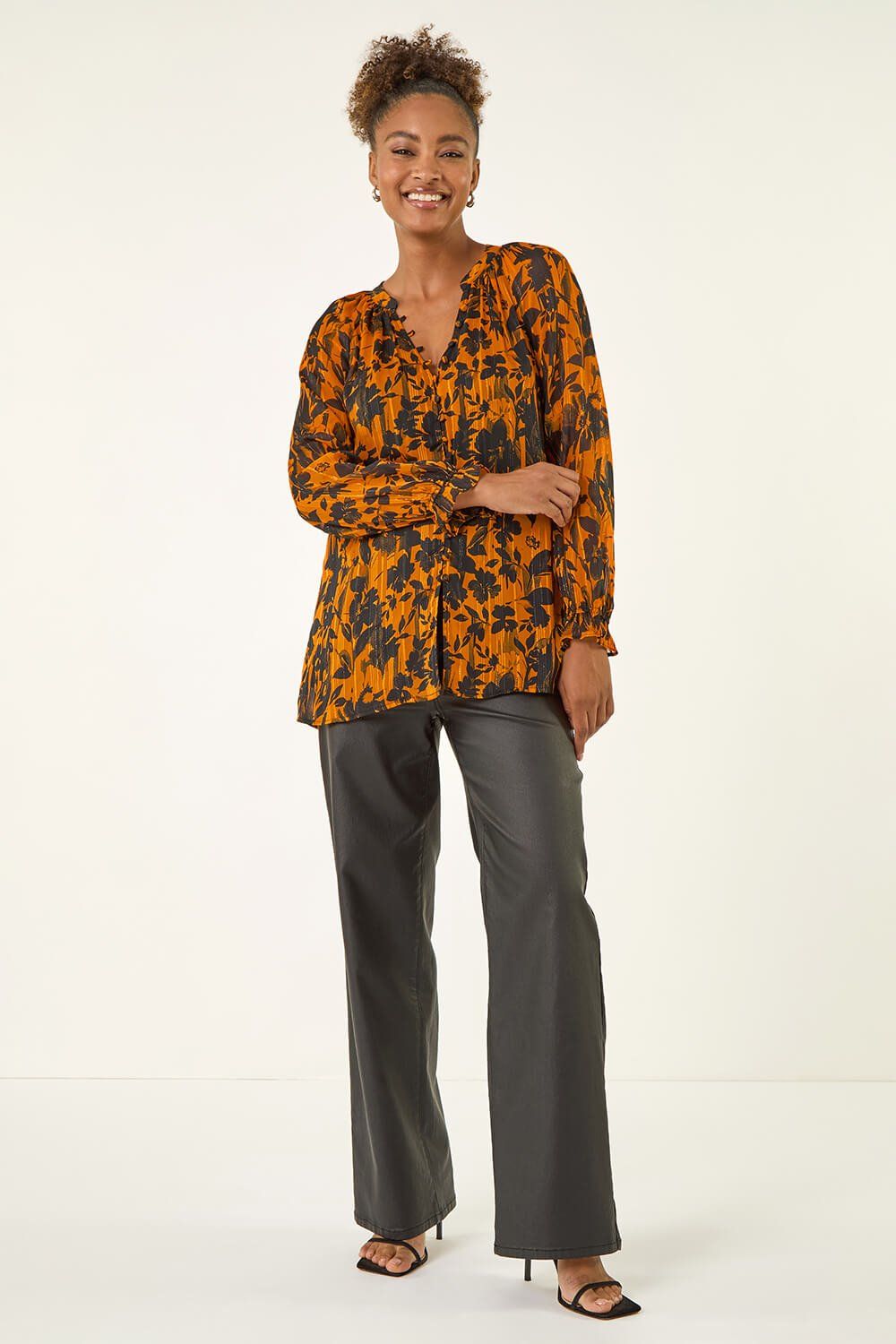 Roman Metallic Floral Buttoned Blouse