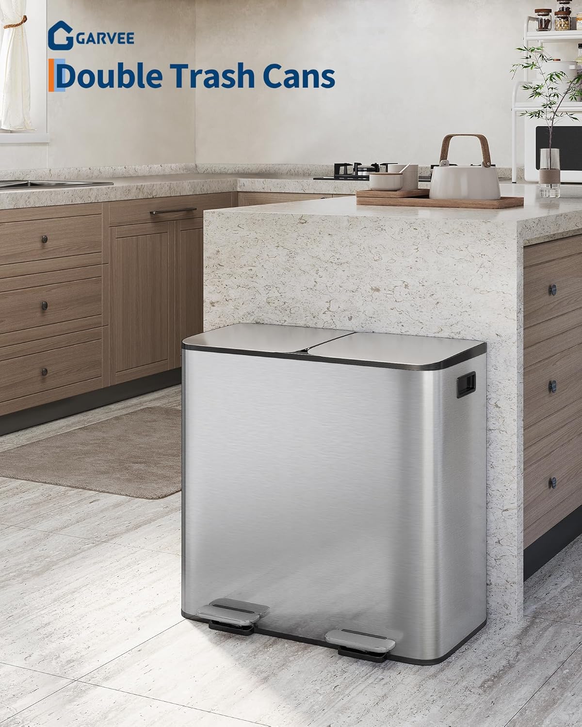 Garvee Trash Can, 2 x 10.6 gal (2 x 40 L) Garbage Can for Kitchen Dual Compartment Recycling Kitchen Step Trash Bin, Stainless Steel Trash and Recycle Bin Combo with Soft-Close Lid,Silver