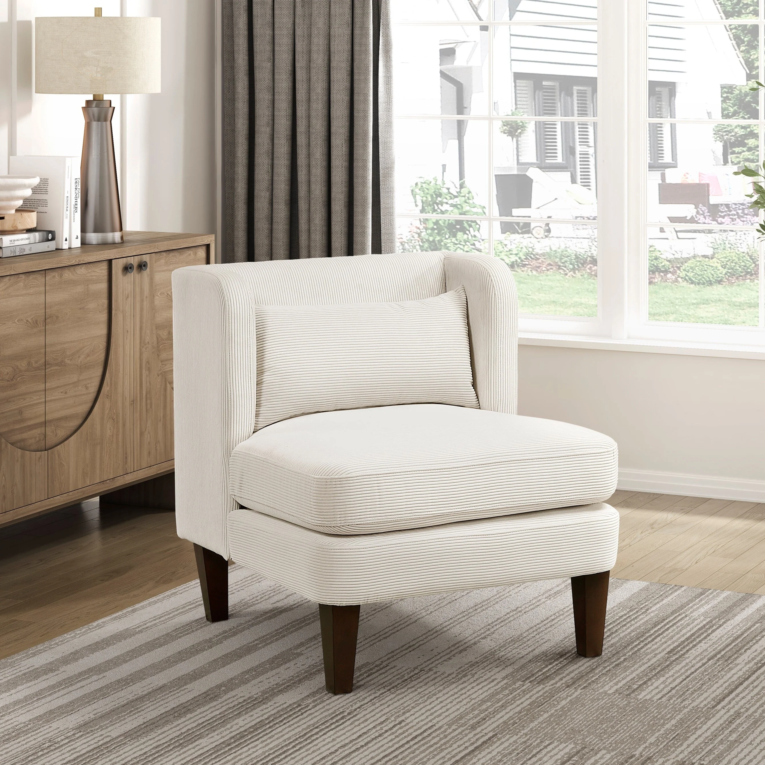 Modern Accent Chair with Corduroy Fabric Upholstery, High-Density Foam Padding, and Matching Pillow