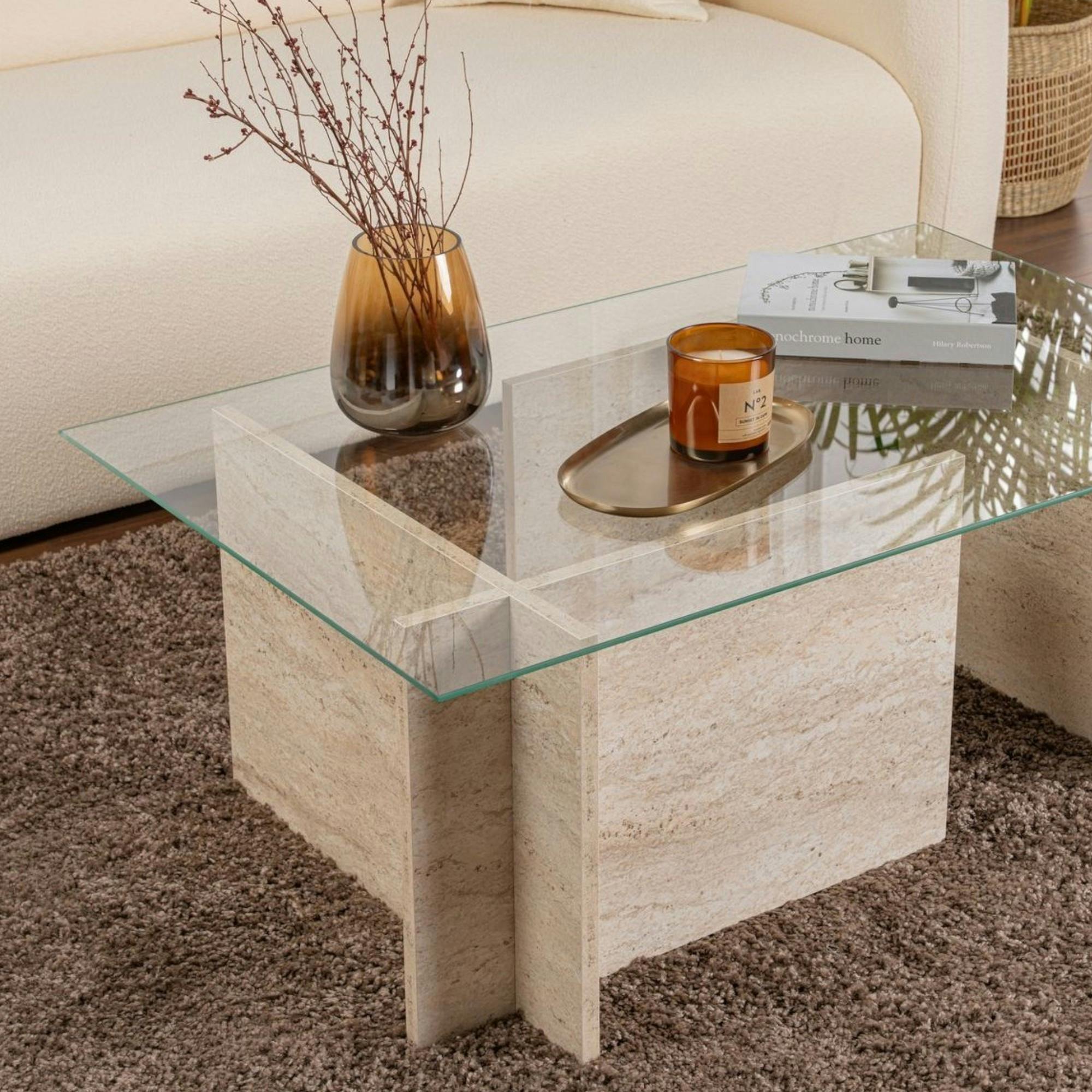 Table basse verre déstructurée – effet travertin, H.40 cm SALTA