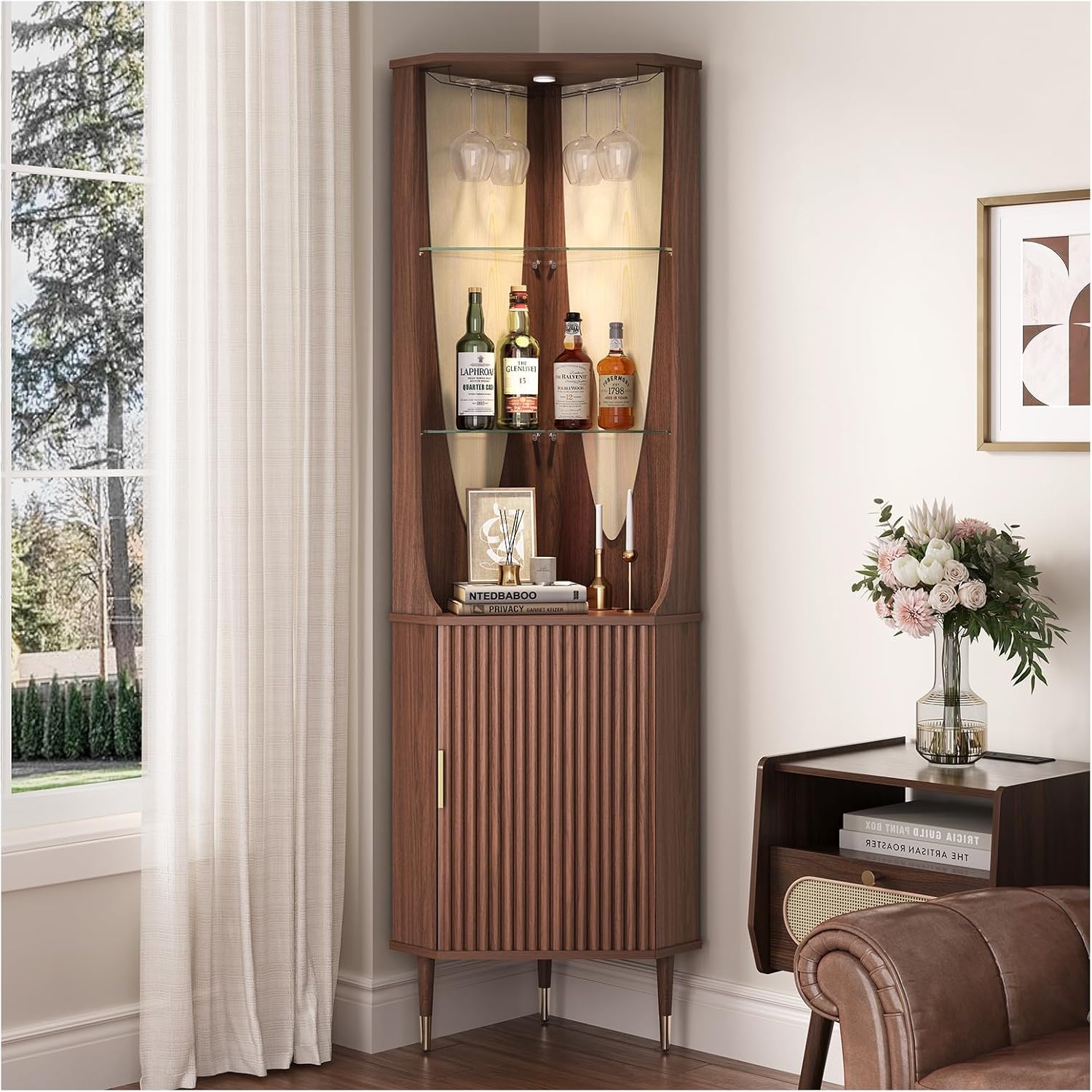 JOINICE 70 Tall Corner Bar Cabinet, Mid-Century Modern Fluted Storage Cabinet with Glass Shelves, Door & LED Lighting, Space-Saving Liquor Cabinet for Living Room, Kitchen, or Dining Room, Walnut