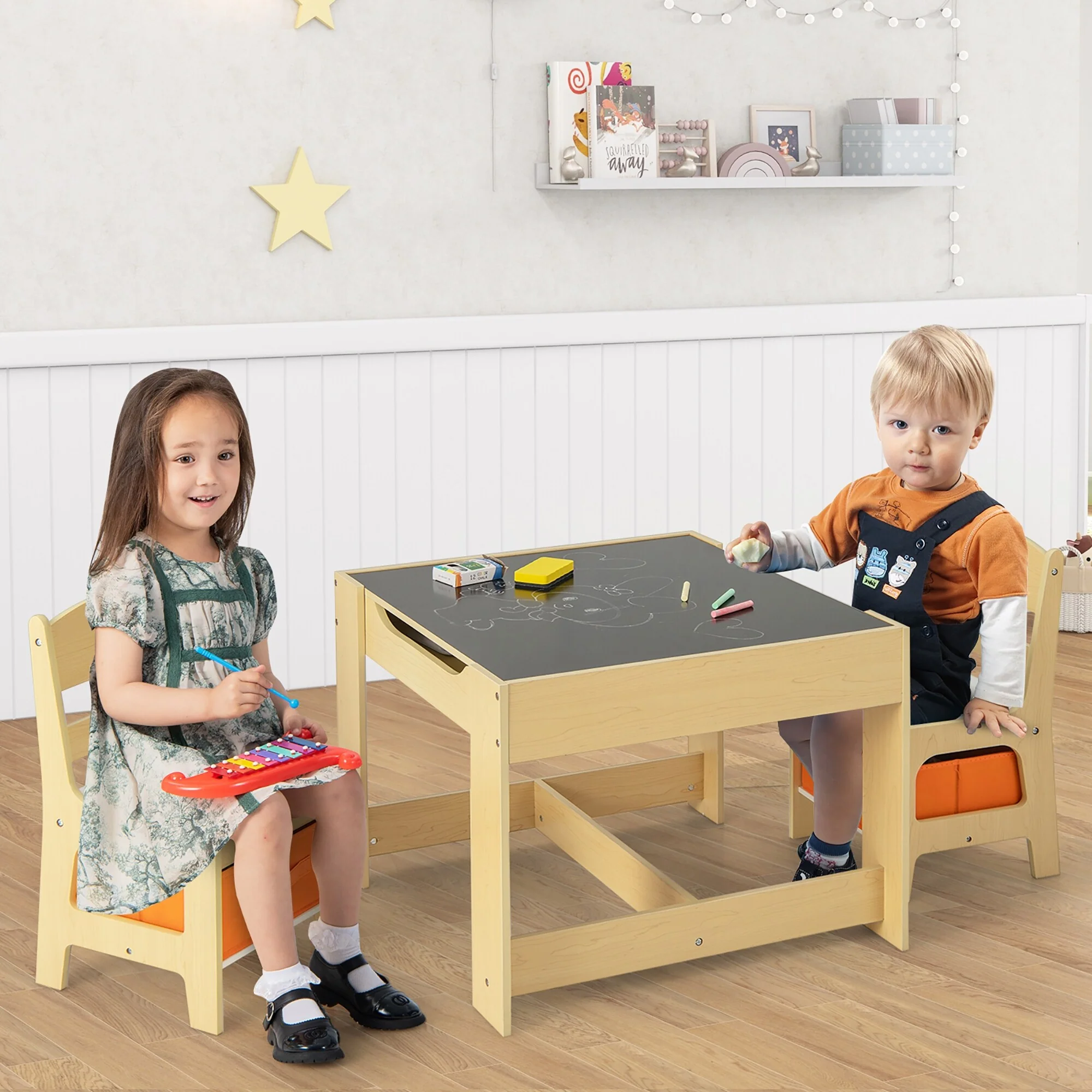 Gymax Children Kids Table Chairs Set With Storage Boxes Blackboard