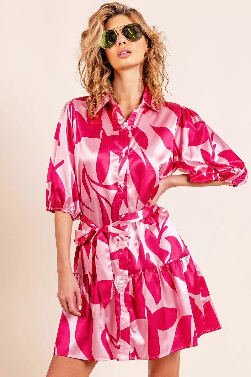 Leaf Pattern Collared Satin Dress