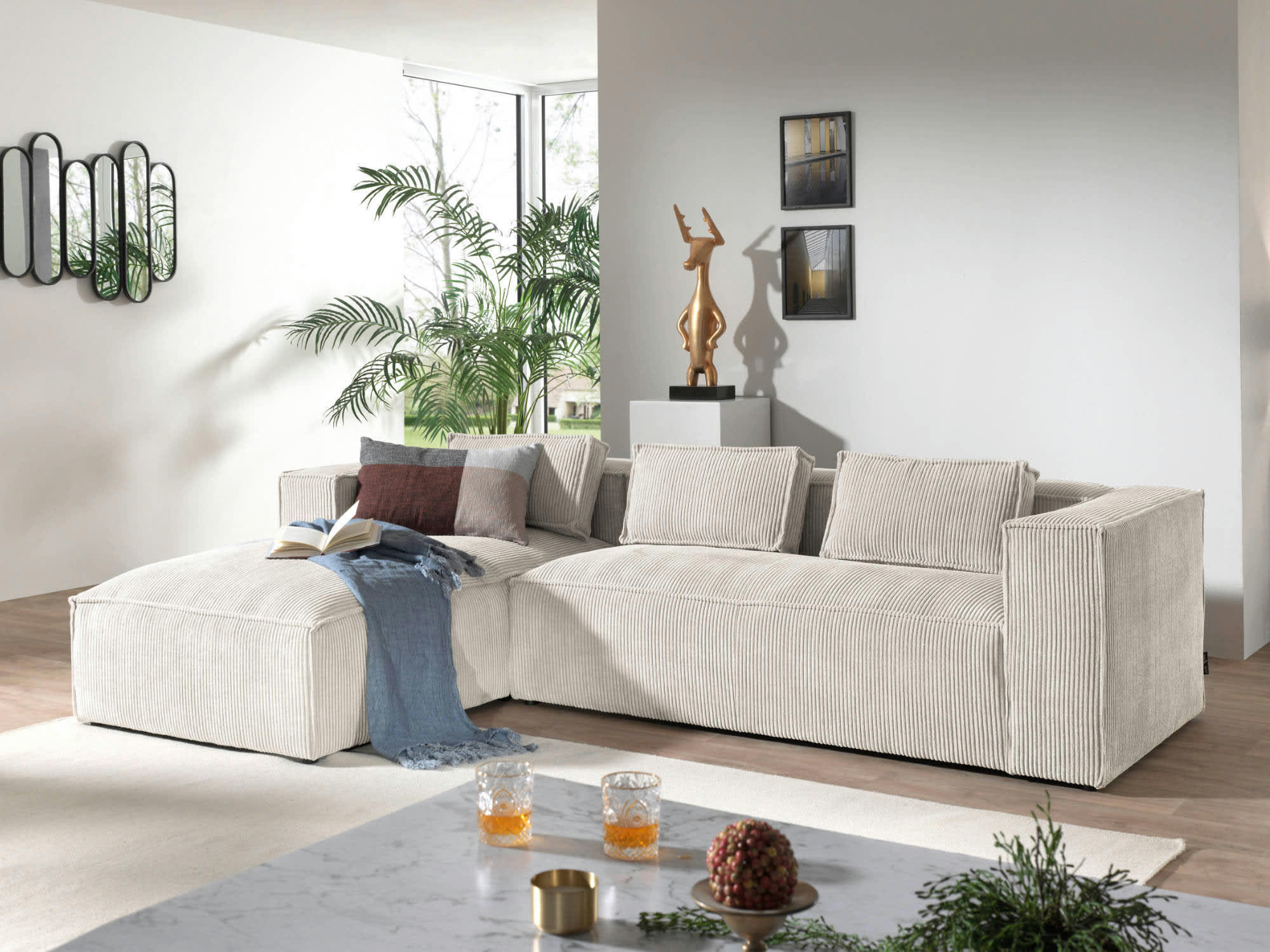 STELLA - Canapé d'angle gauche 4 places en velours côtelé beige