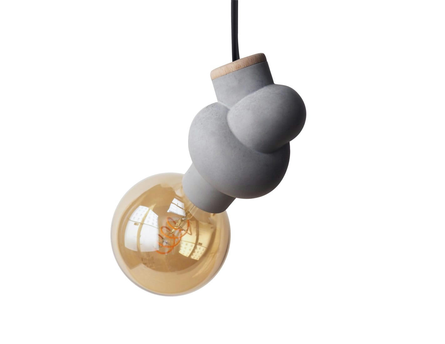 NOEUD - Lampe à suspendre en béton et bois cordon noir ampoule LED edison