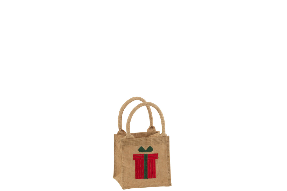 J-Line zak Borduurwerk Geschenk - jute - naturel/rood - 2 stuks