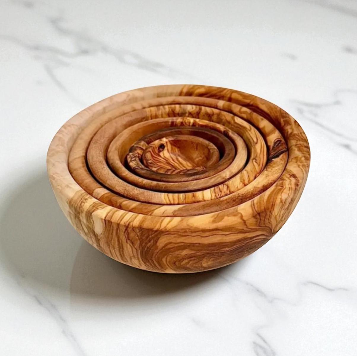 Olive Wood Nesting Bowl Set of 6 | Handmade Wooden Bowls | Rustic Kitchen Decor | Modern Farmhouse Style | Housewarming or Chef Gift
