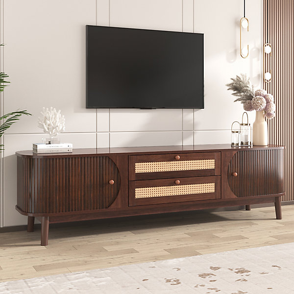 Meuble TV Bas en Bois Naturel avec Portes Coulissantes et Tiroirs - Style Rustique et Détails en Rotin - 170x39,5x46 cm - Marron