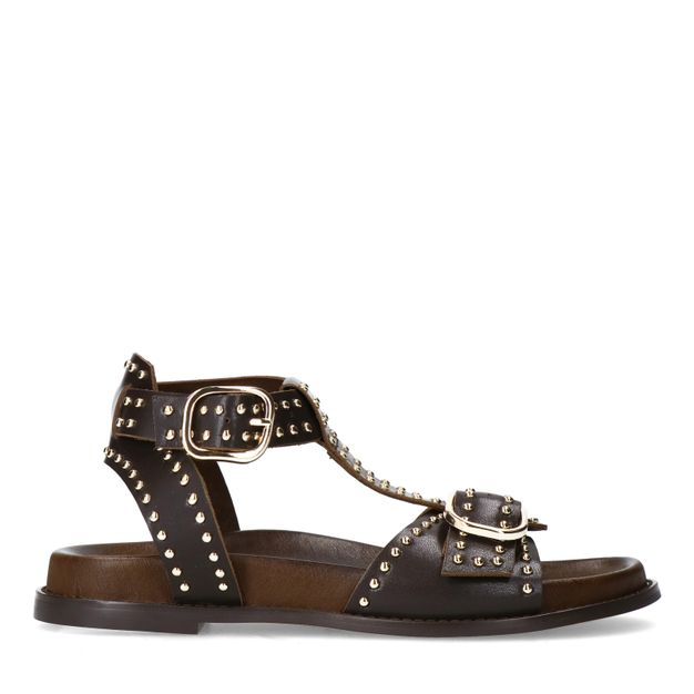 Donkerbruine leren sandalen met goudkleurige buckles en studs