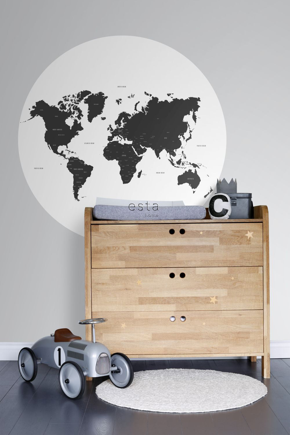 ESTAhome zelfklevende behangcirkel wereldkaart zwart wit - Ø 140 cm - 159009