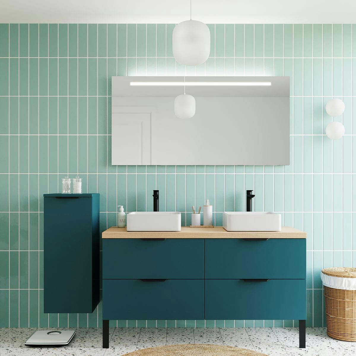 SOHO - Meuble salle de bain 2 vasques posées 140cm 4 tiroirs Bleu