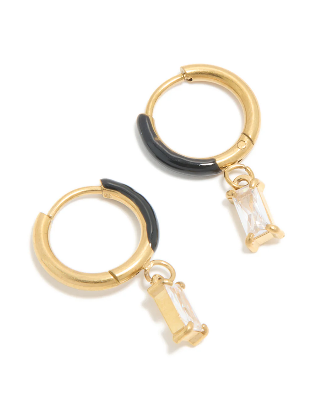 Waterproof Gold Plated Stainless Steel Black Enamel Cubic Zirconia Charm Huggie Earrings