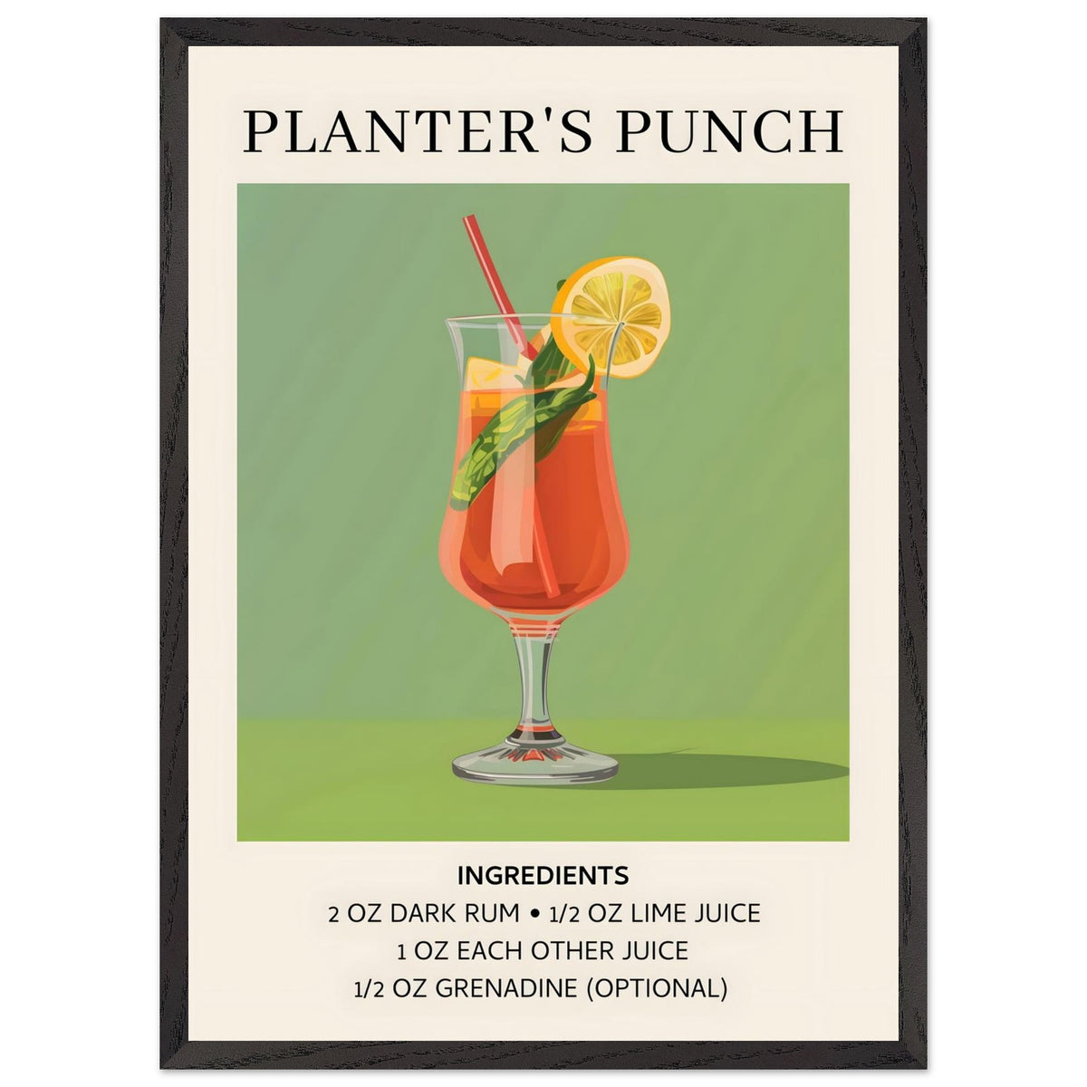Artfulprints Poster met Lijst Planter's Punch cocktail - Ingrediënten  - 50x70 cm - Groen