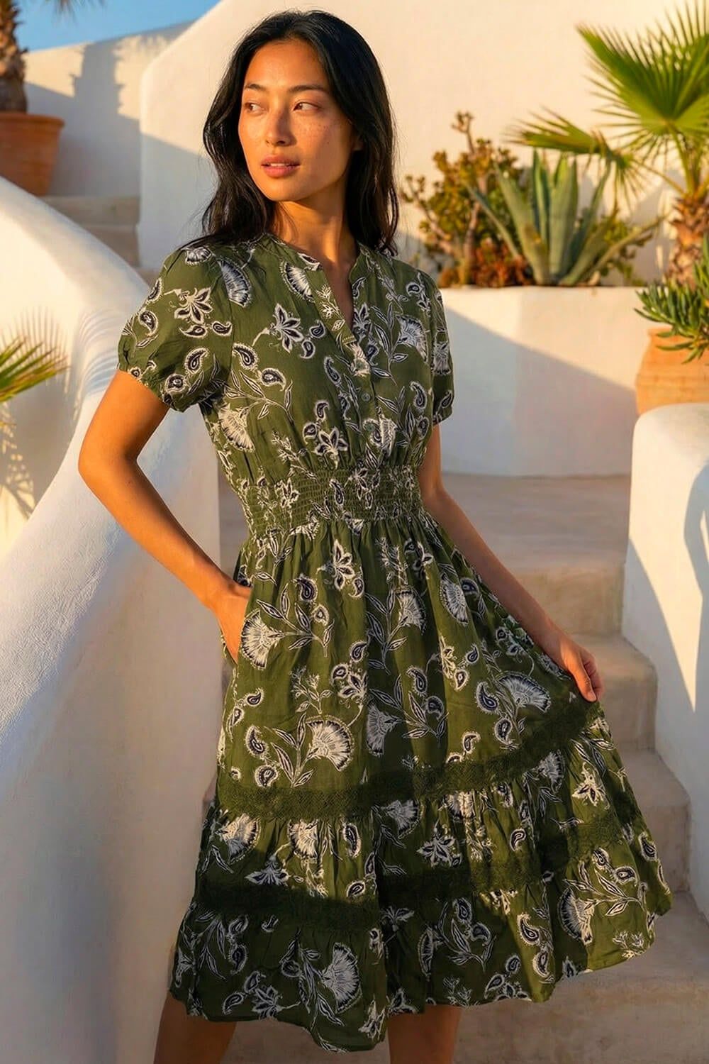 Roman Petite Floral Print Shirred Midi Dress