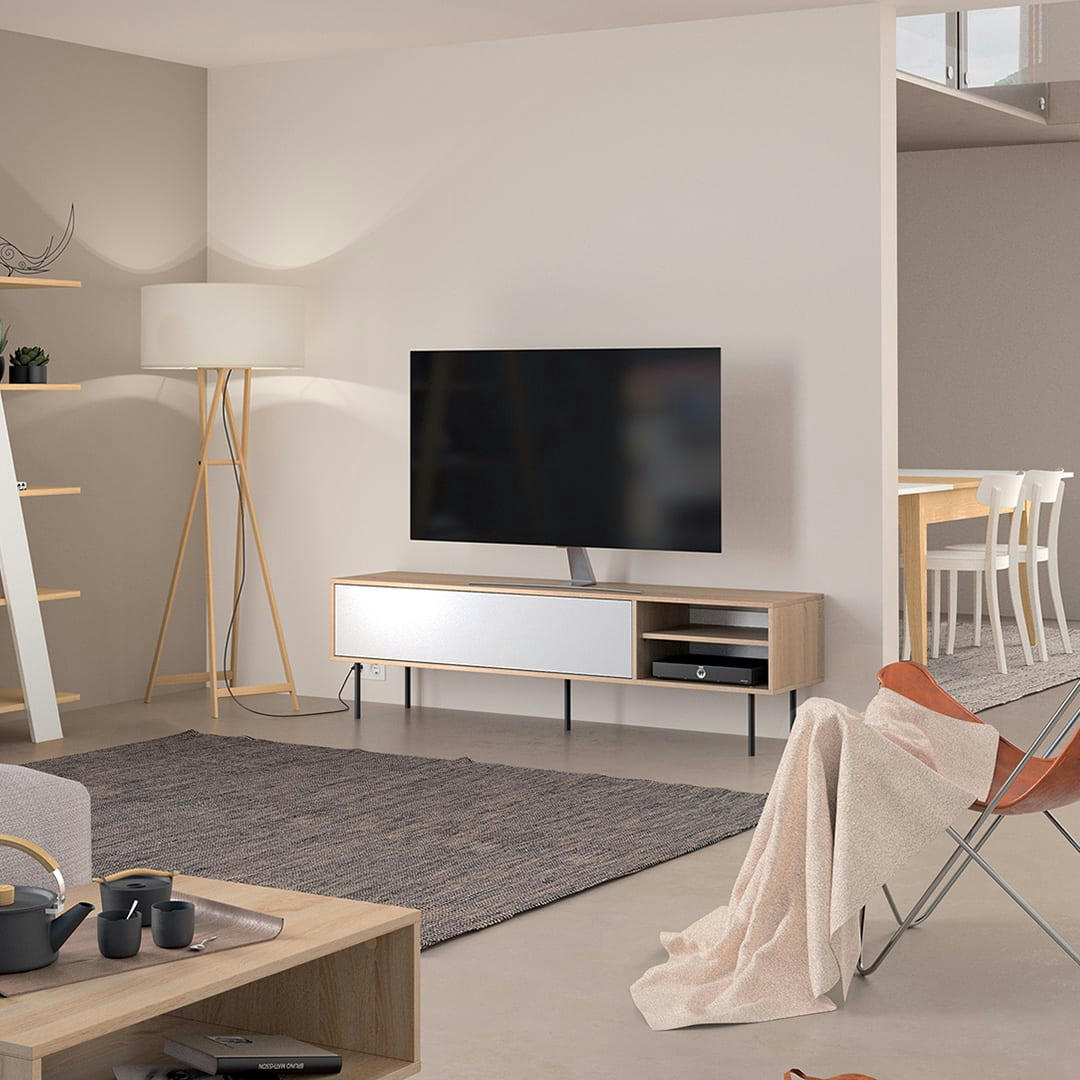 AMPERE - Meuble TV effet bois chêne naturel et blanc