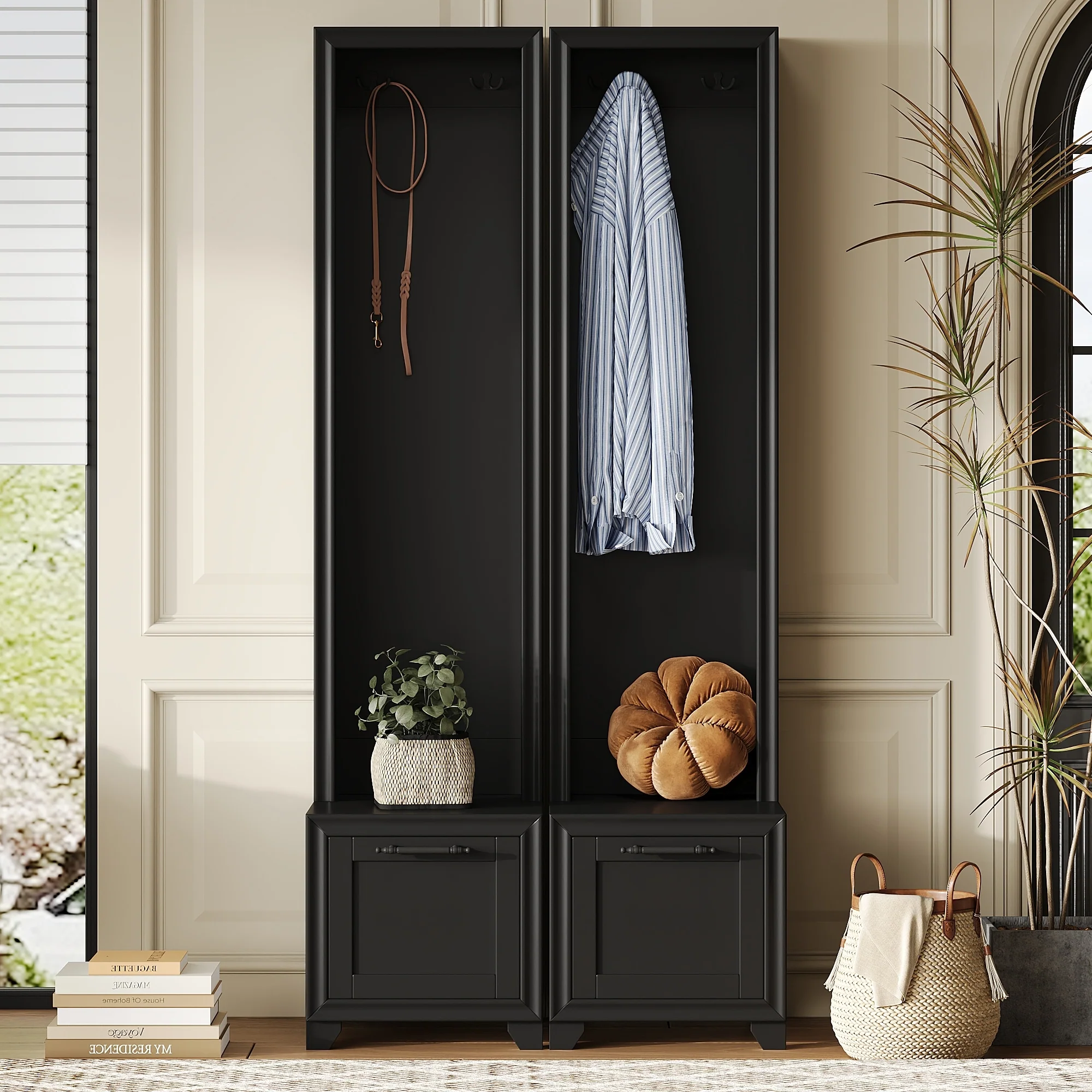 Elegant Free Standing Hall Tree Set of 2, Multifunctional 3-IN-1 Entryway Coat Rack with Black Retro Handles