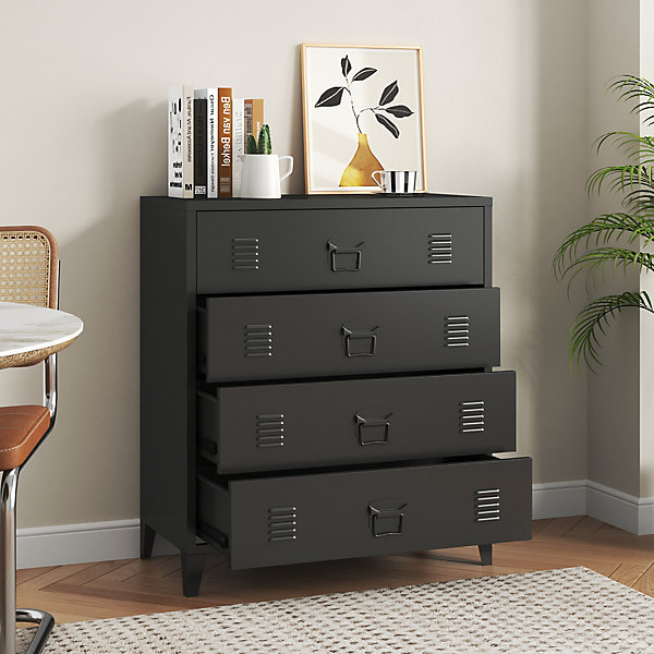 Commode métallique Hämeenlinna avec 4 tiroirs acier 92 x 80 x 40 cm noir en.casa
