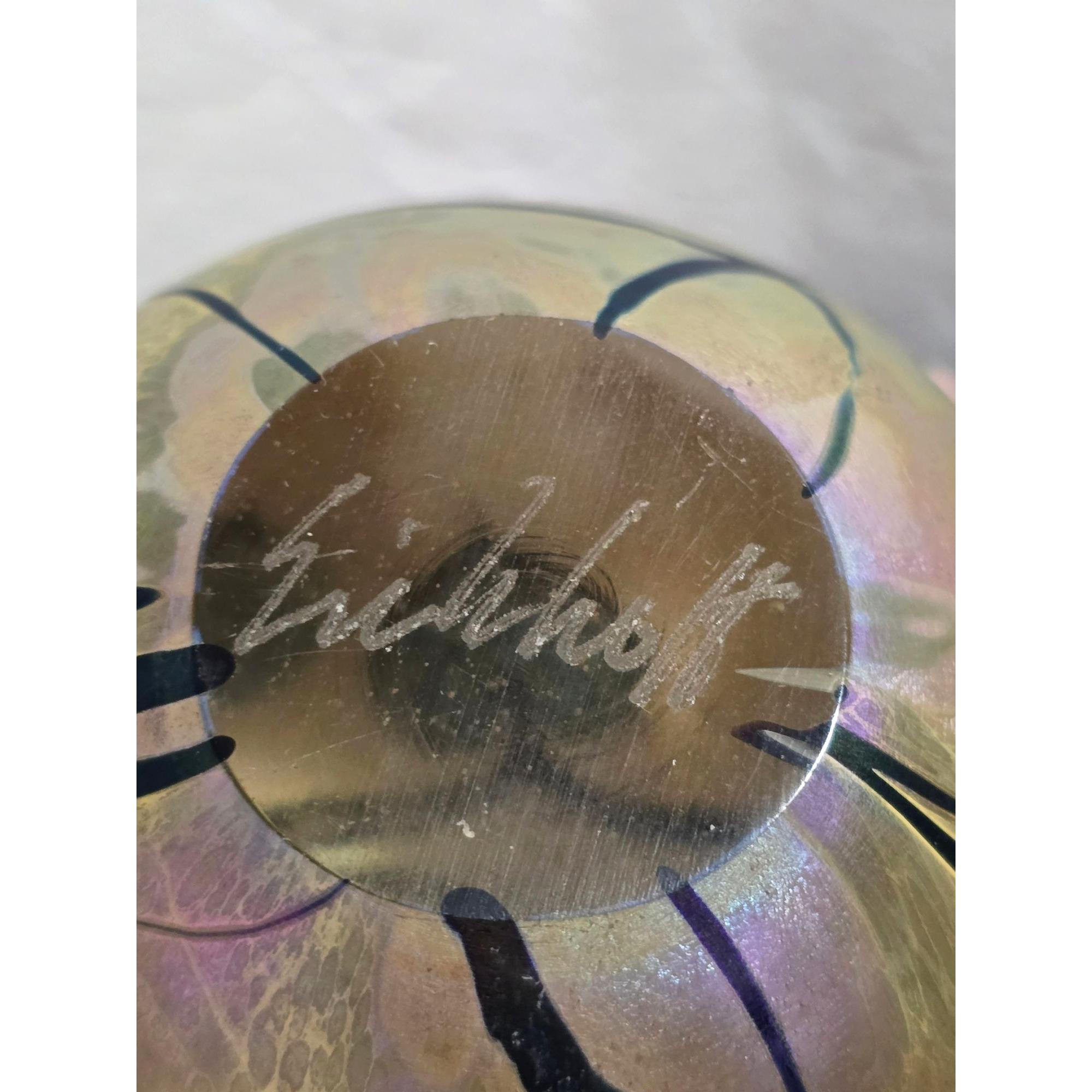 Robert Eickholt Iridescent Glass Paperweight Signed Swirl Heart Sphere