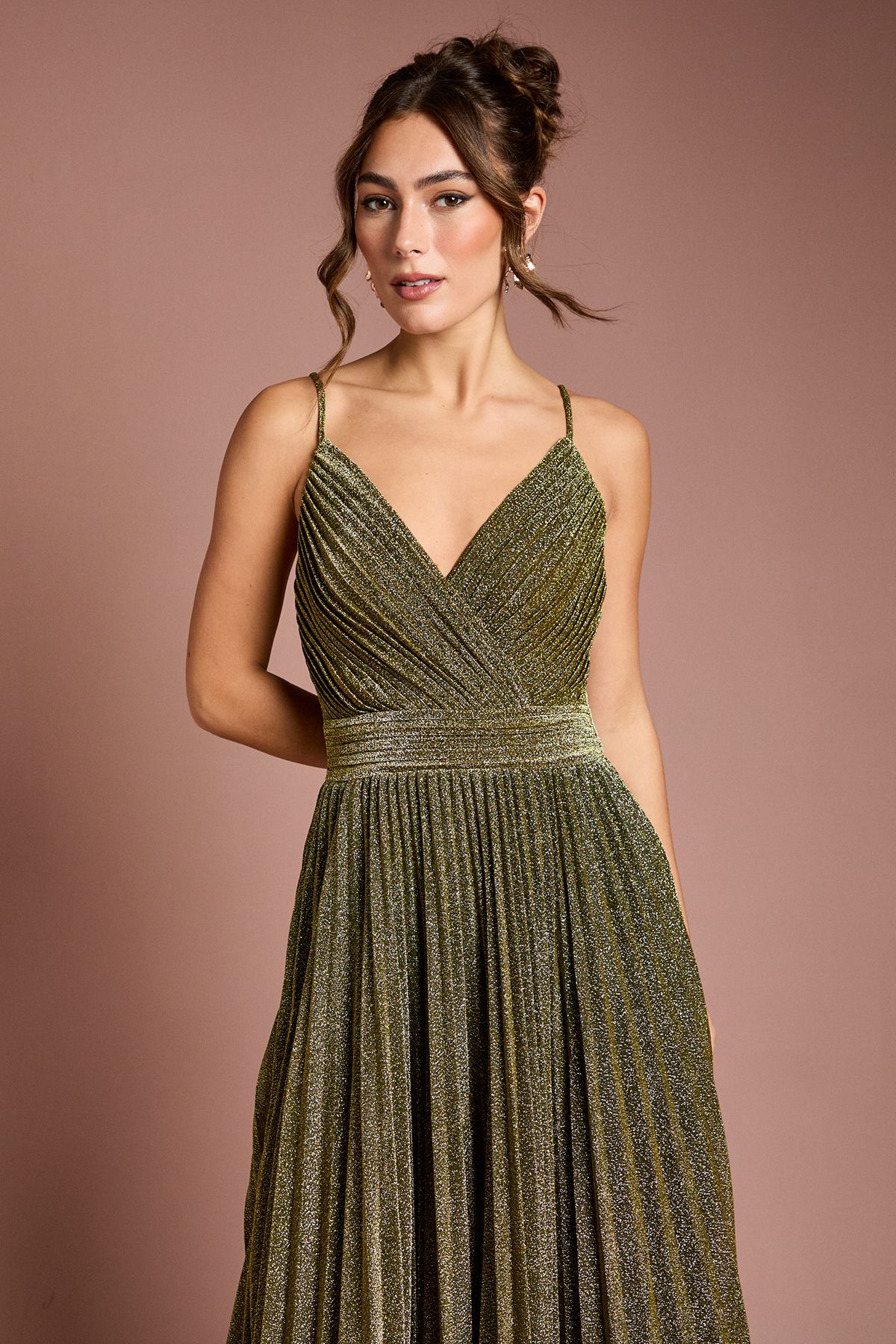Coast V neck Cami Shimmer Pleated Maxi Dress