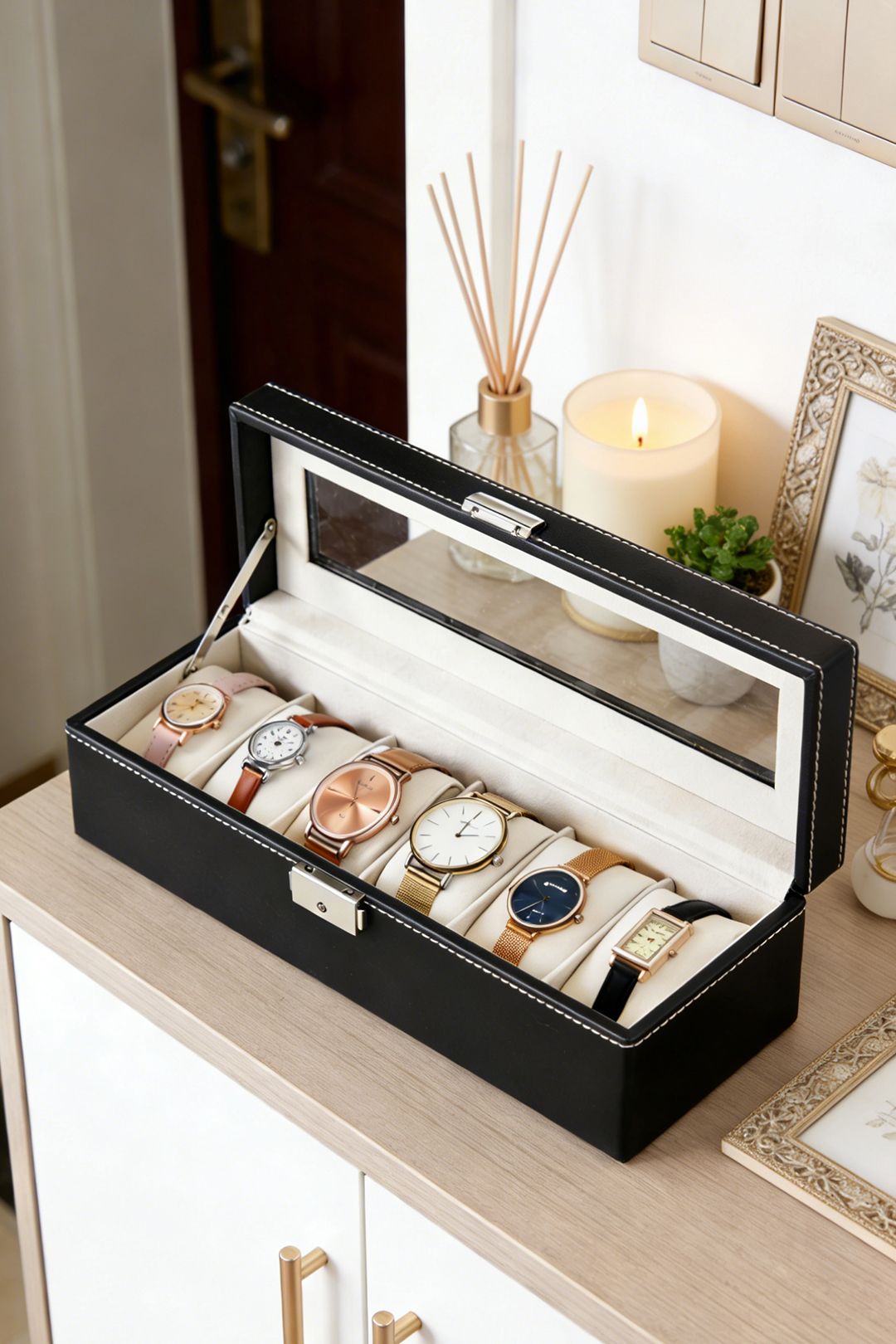 ExtraStar Black 6-Slot Watch Box with Glass Top