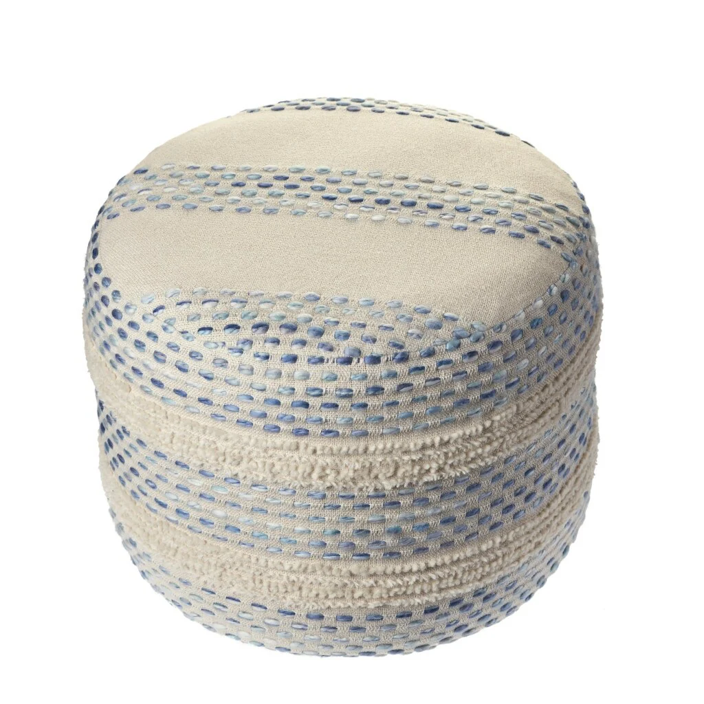 18 Soft Upholstered Striped Pouf Ottoman Blue Cotton Blend Accent for Living Room Decor