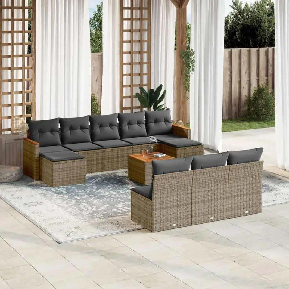vidaXL Loungeset voor 10 - kussens en salontafel - Grijs - Poly rattan