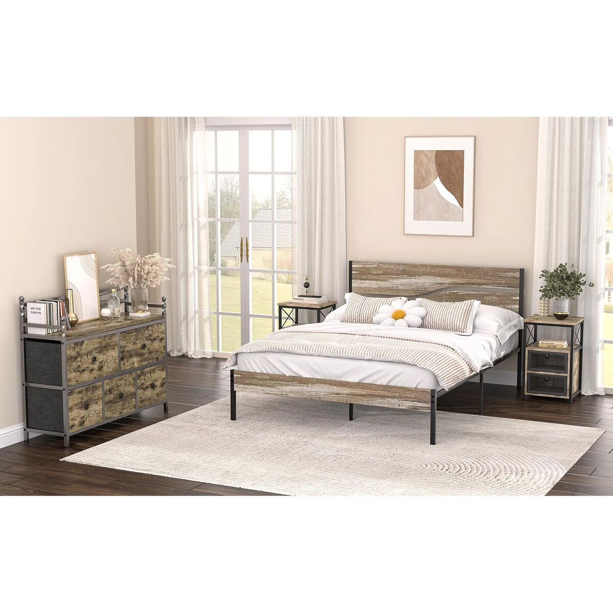 Javlergo 4-Piece Grey Bedroom Set with Bed Frame & 5-Drawer Dresser & Two Nightstands